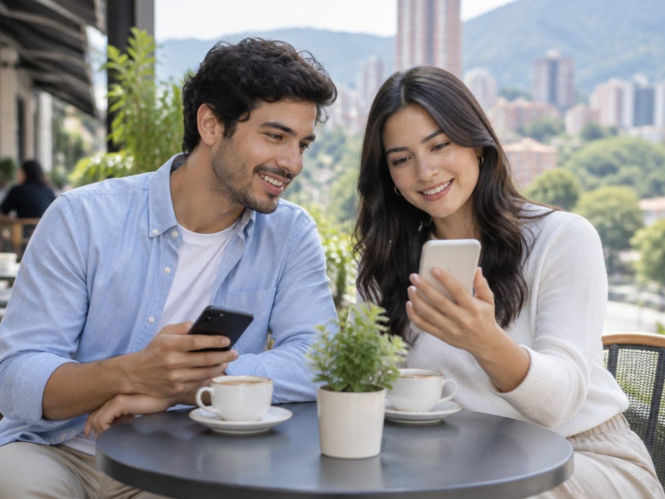 Dos amigos en la terraza de un café: ella le muestra algo en su teléfono y él sonríe con el suyo en la mano